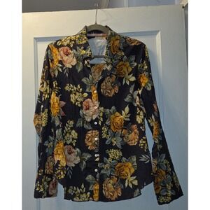 Cino Sheffield Floral Button Front 100% Cotton Collared Long Sleeve Blouse